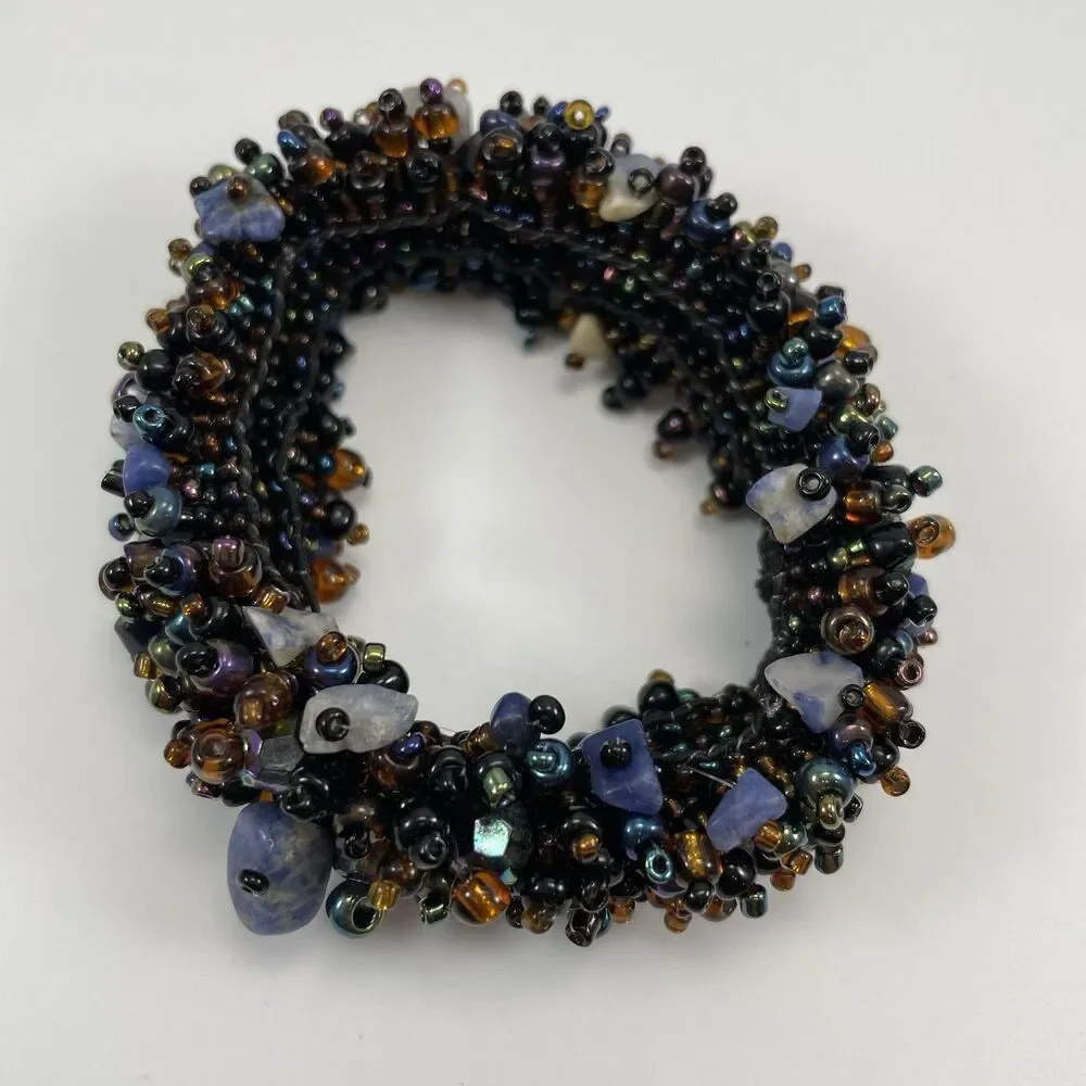 Statement Chunky Seed Bead Sodalite Stone Chips Stretch Boho Bracelet 6.5”